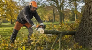 Tuinman met veiligheidshelm zaagt met kettingzaag een boomtak door in een park met herfstbomen.