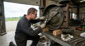 Onderhoudsmonteur inspecteert het mes van een professionele grasmaaier in een werkplaats.