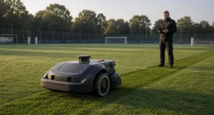 Professionele robotmaaier maakt gras gelijk op voetbalveld terwijl operator met tablet toezicht houdt.
